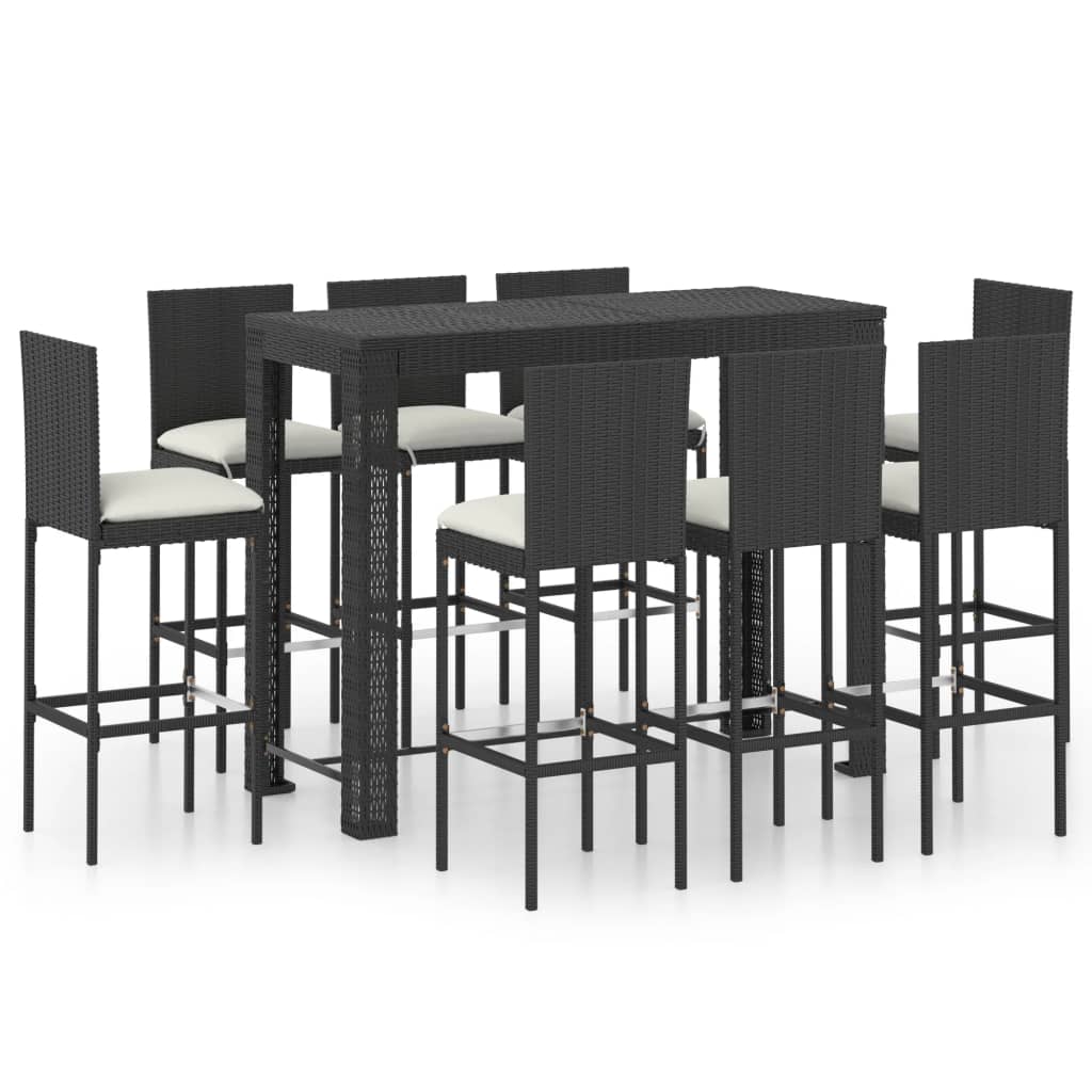 vidaXL 9 Piece Garden Bar Set with Cushions Poly Rattan Black