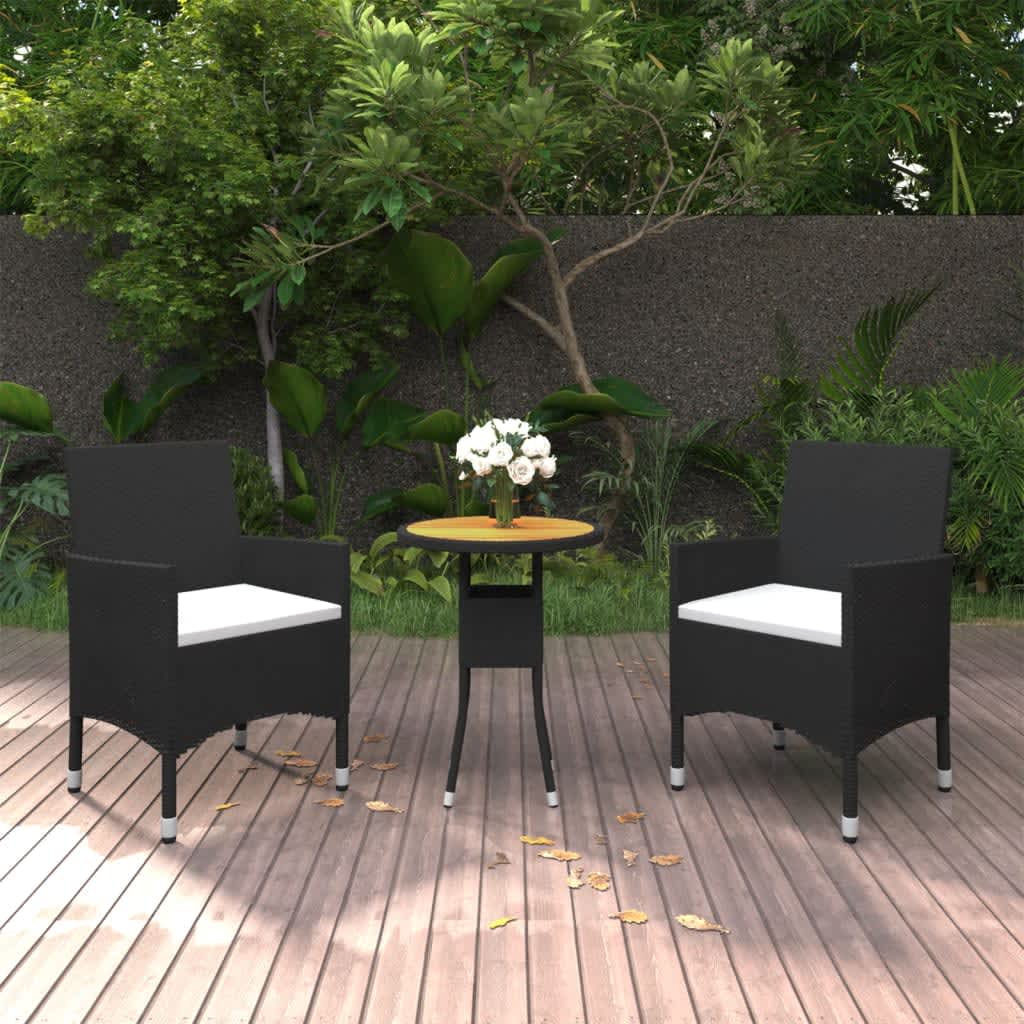 vidaXL 3 Piece Garden Bistro Set Poly Rattan and Solid Wood Black