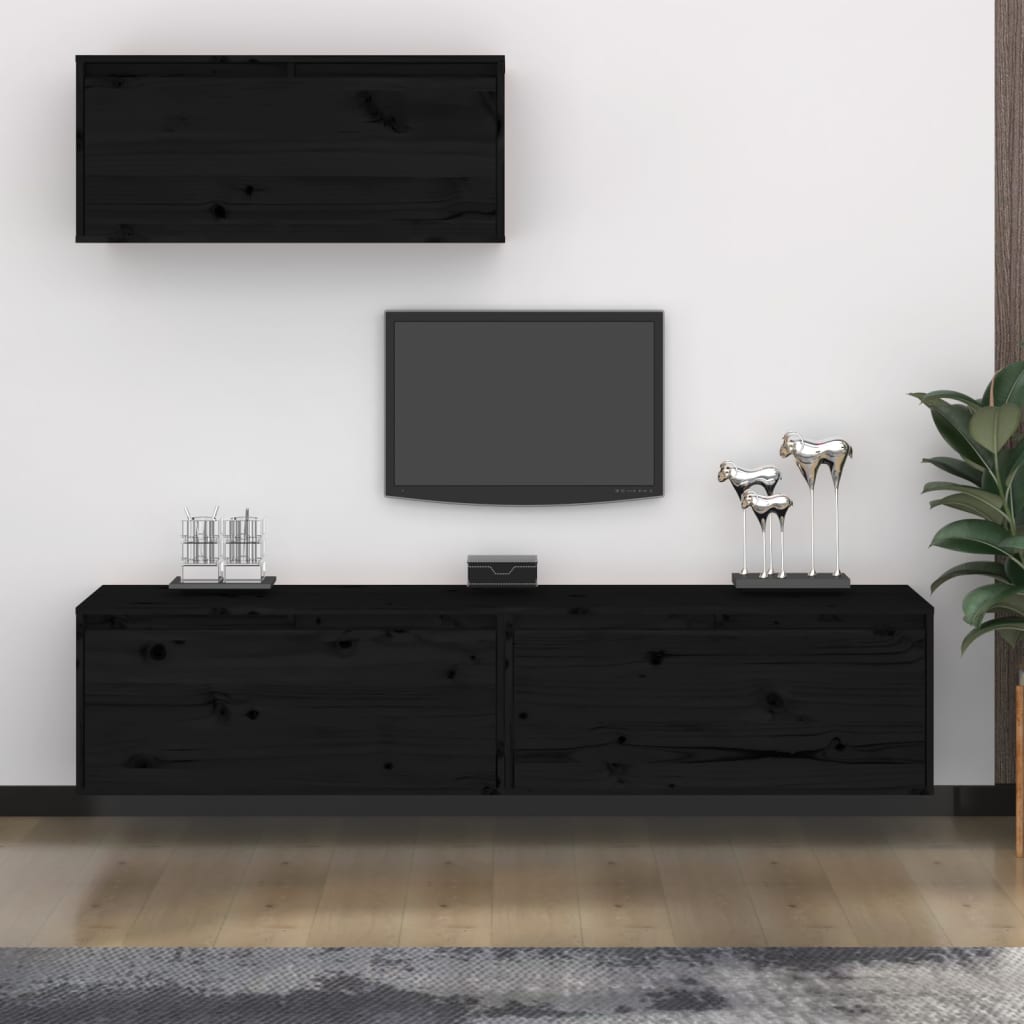 vidaXL TV Cabinets 3 pcs Black Solid Wood Pine
