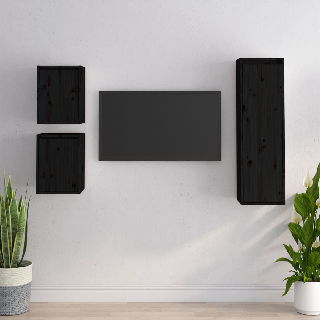 vidaXL TV Cabinets 3 pcs Black Solid Wood Pine