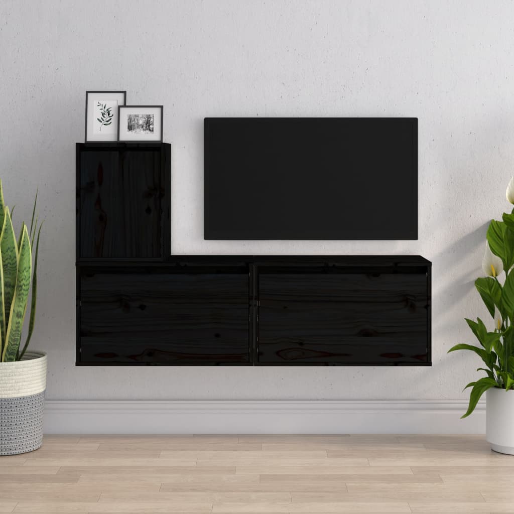 vidaXL TV Cabinets 3 pcs Black Solid Wood Pine