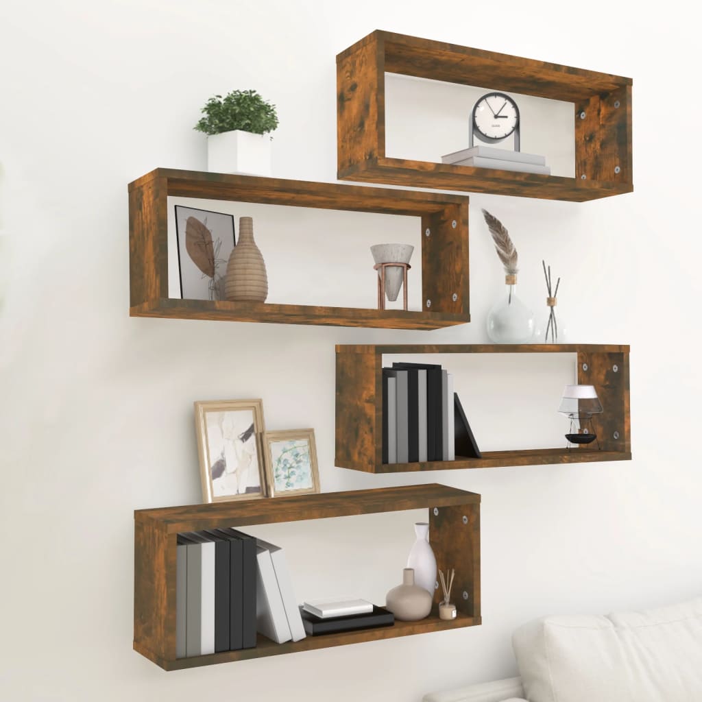 vidaXL Wall Cube Shelves 4 pcs Smoked Oak 60x15x23 cm Engineered Wood