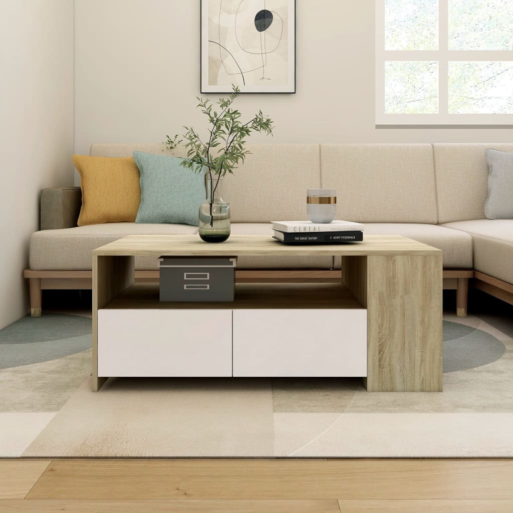 vidaXL Coffee Table White and Sonoma Oak 102x55x42 cm Engineered Wood