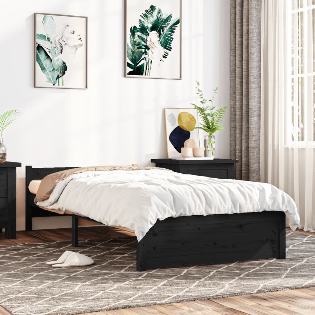 vidaXL Bed Frame Black Solid Wood 75x190 cm Small Single