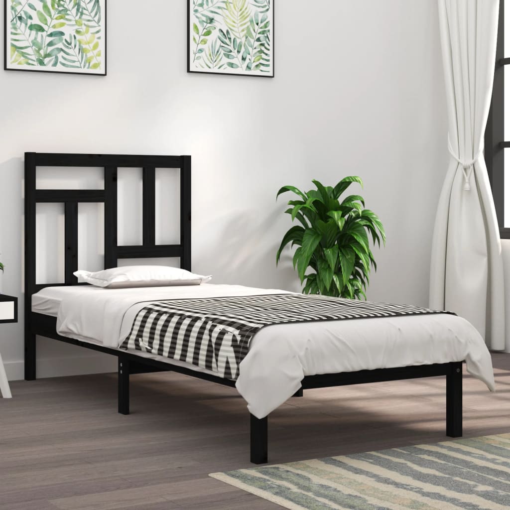 vidaXL Bed Frame Black Solid Wood 75x190 cm Small Single