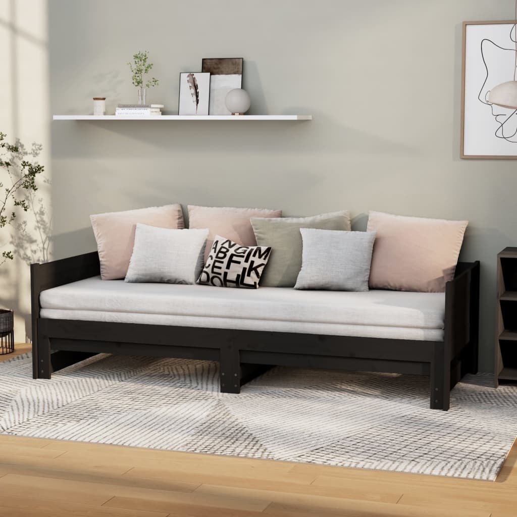 vidaXL Pull-out Day Bed Black Solid Wood Pine 2x(90x190) cm