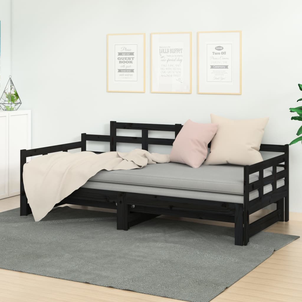 vidaXL Pull-out Day Bed Black Solid Wood Pine 2x(90x190) cm