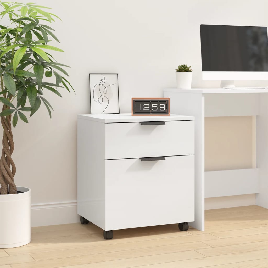 vidaXL Mobile File Cabinet with Wheels High Gloss White 45x38x54 cm Engineered Wood