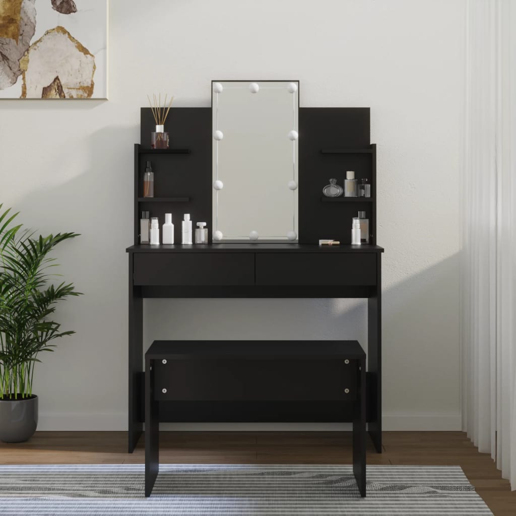 vidaXL Dressing Table Set with LED Black Engineered Wood