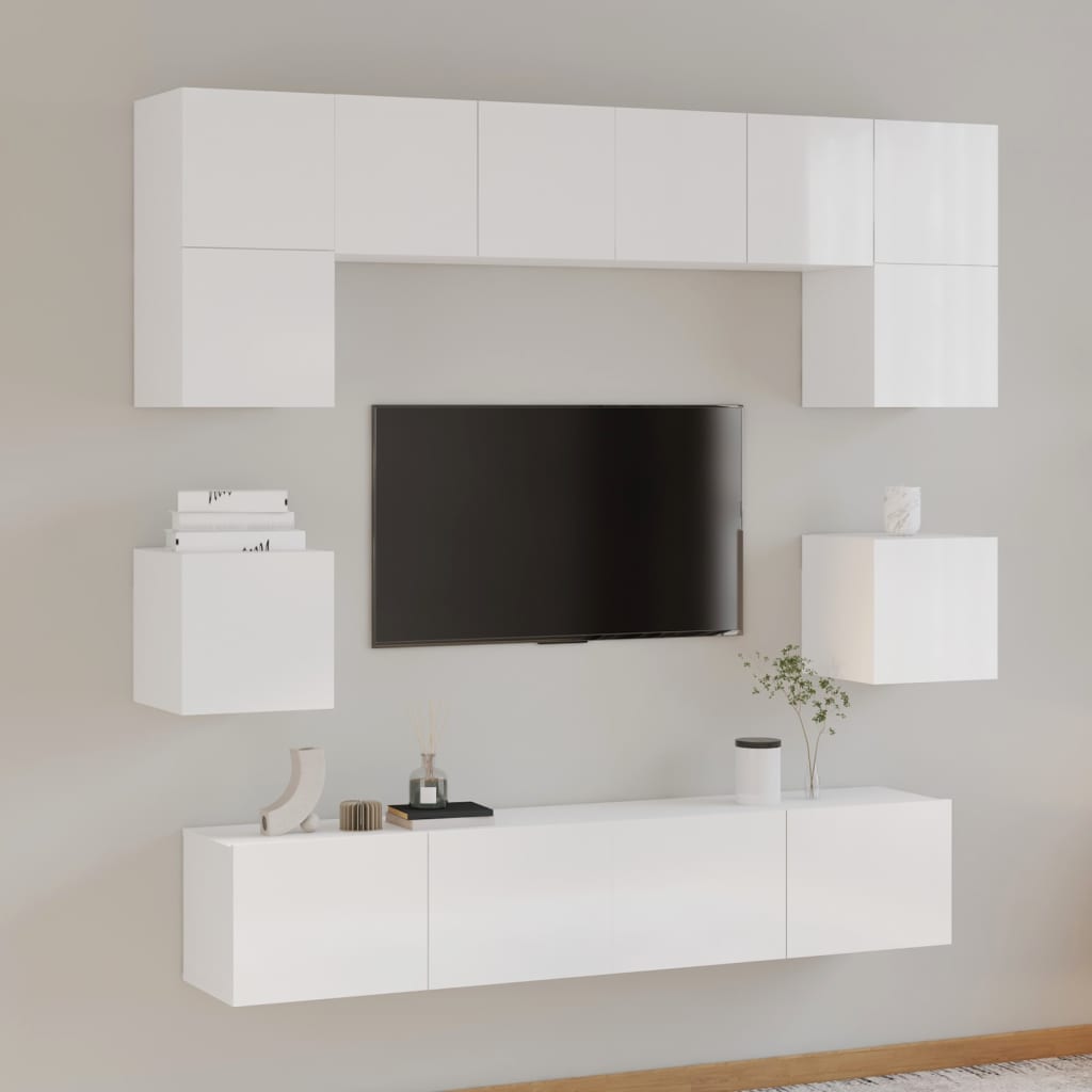 vidaXL 8 Piece TV Cabinet Set High Gloss White Engineered Wood