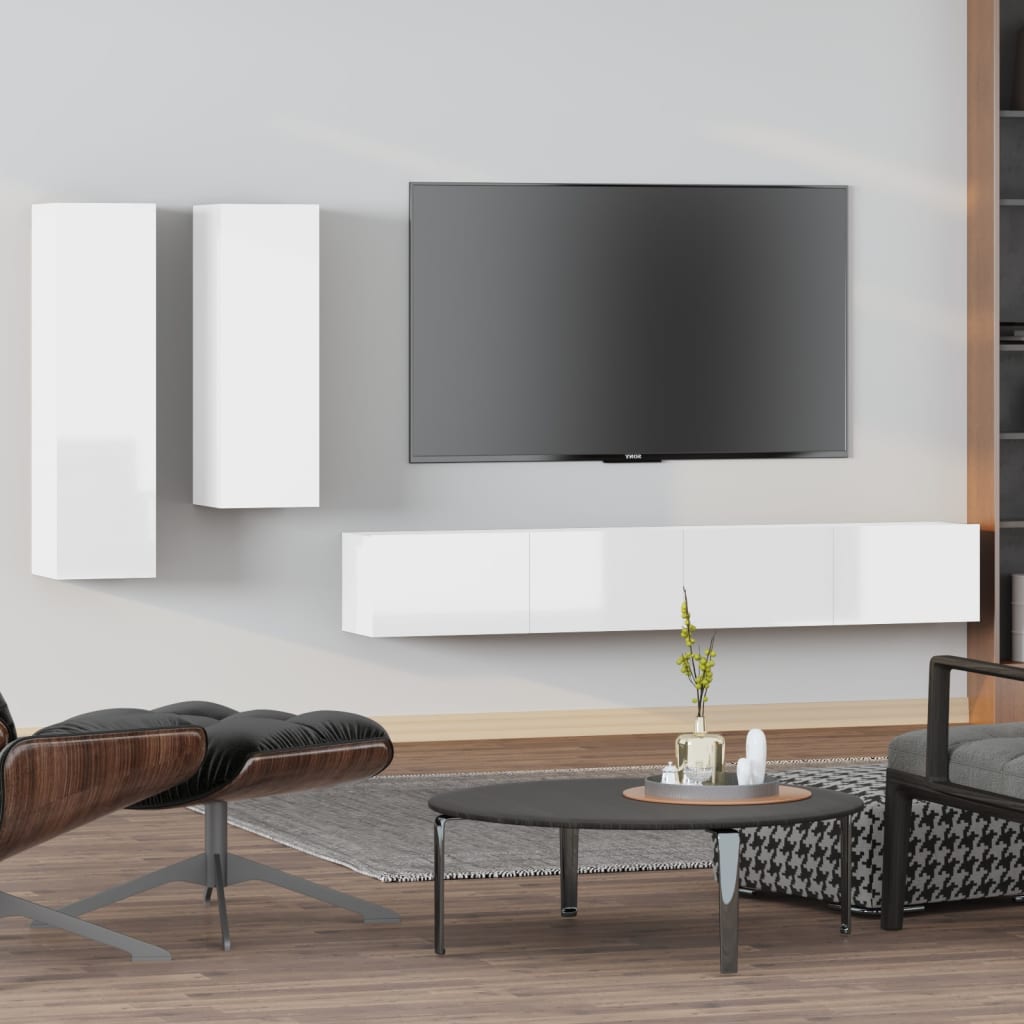 vidaXL 4 Piece TV Cabinet Set High Gloss White Engineered Wood