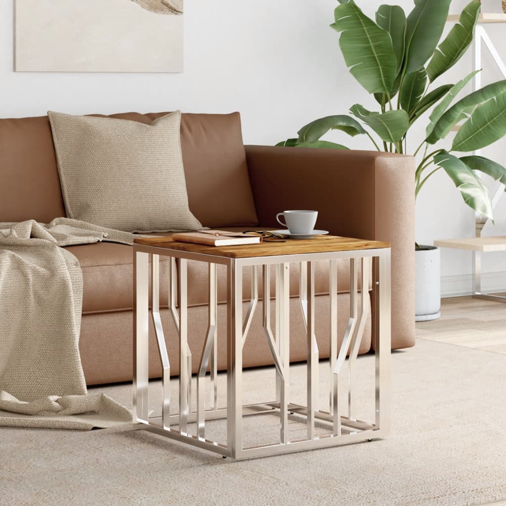 vidaXL Coffee Table Silver Stainless Steel and Solid Wood Acacia