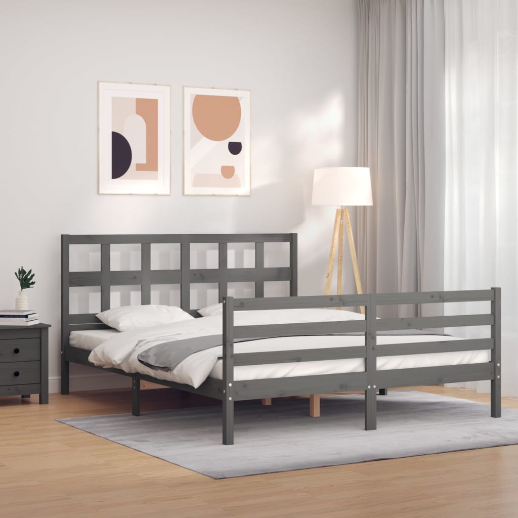 vidaXL Bed Frame with Headboard Grey King Size Solid Wood