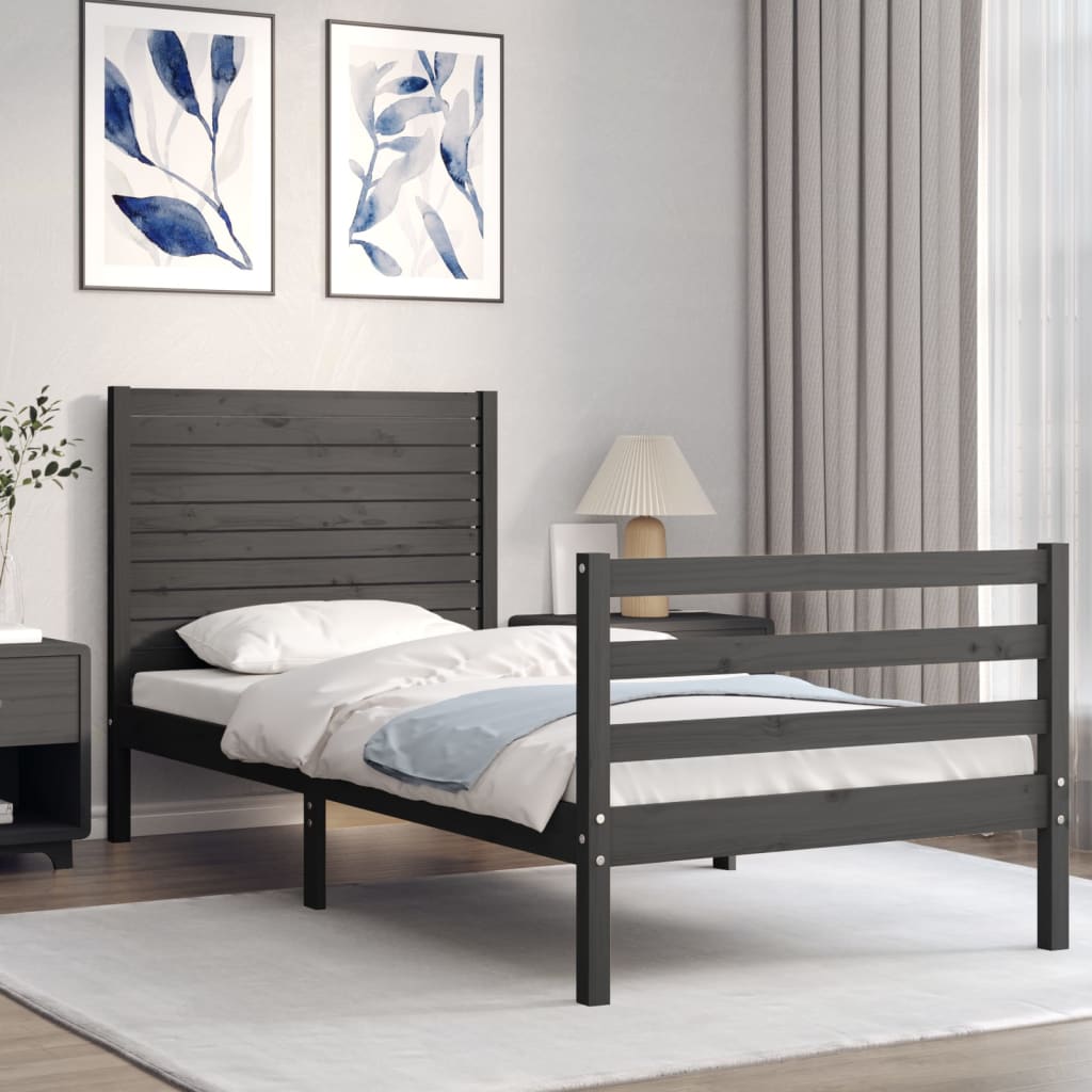 vidaXL Bed Frame with Headboard Grey 100x200 cm Solid Wood