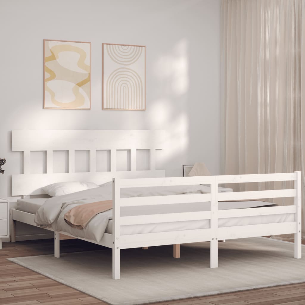 vidaXL Bed Frame with Headboard White King Size Solid Wood