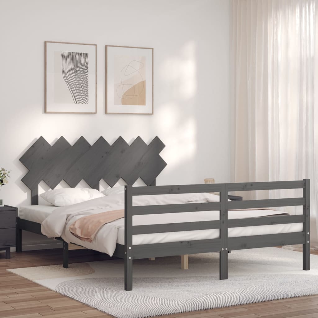vidaXL Bed Frame with Headboard Grey King Size Solid Wood
