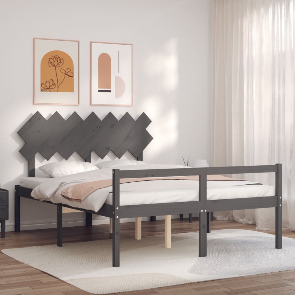vidaXL Bed Frame with Headboard Grey King Size Solid Wood