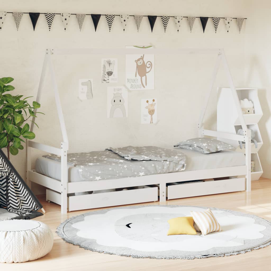 vidaXL Kids Bed Frame with Drawers White 90x200 cm Solid Wood Pine