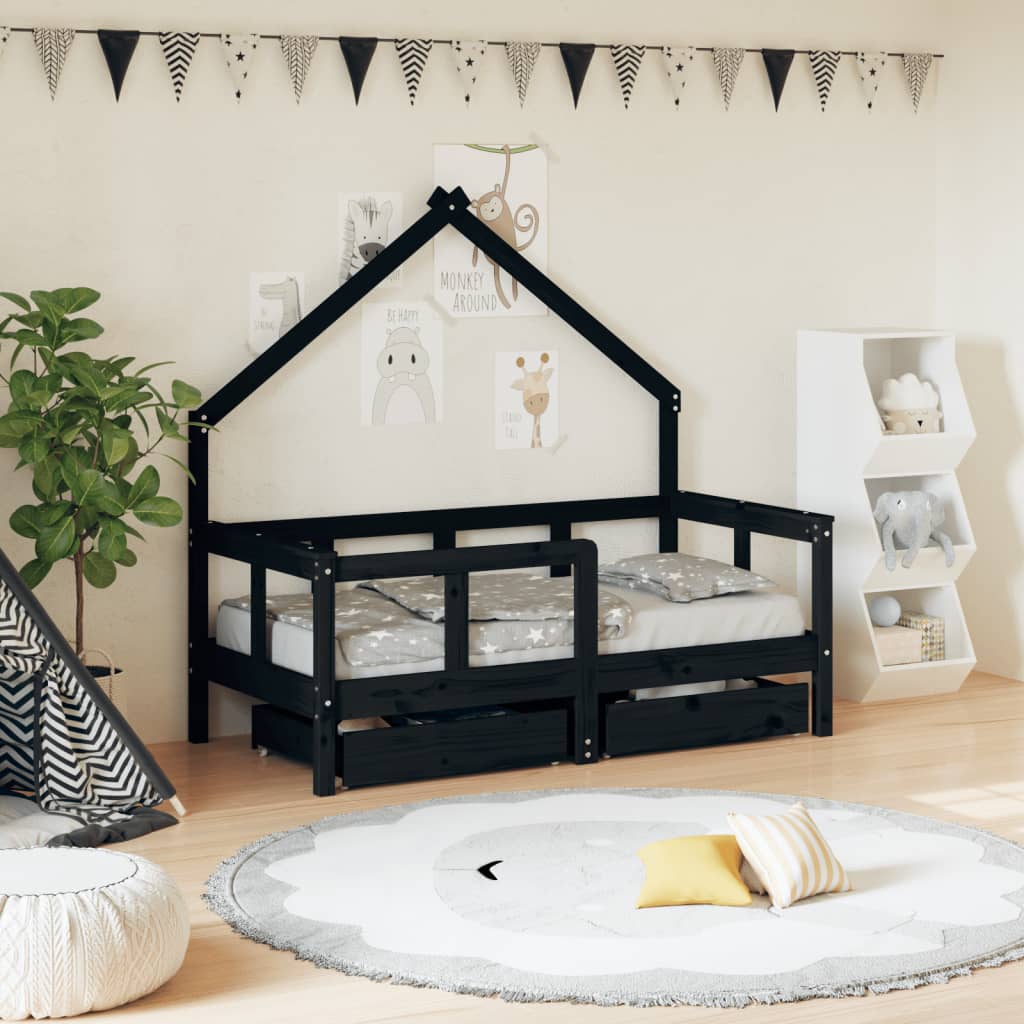 vidaXL Kids Bed Frame with Drawers Black 70x140 cm Solid Wood Pine