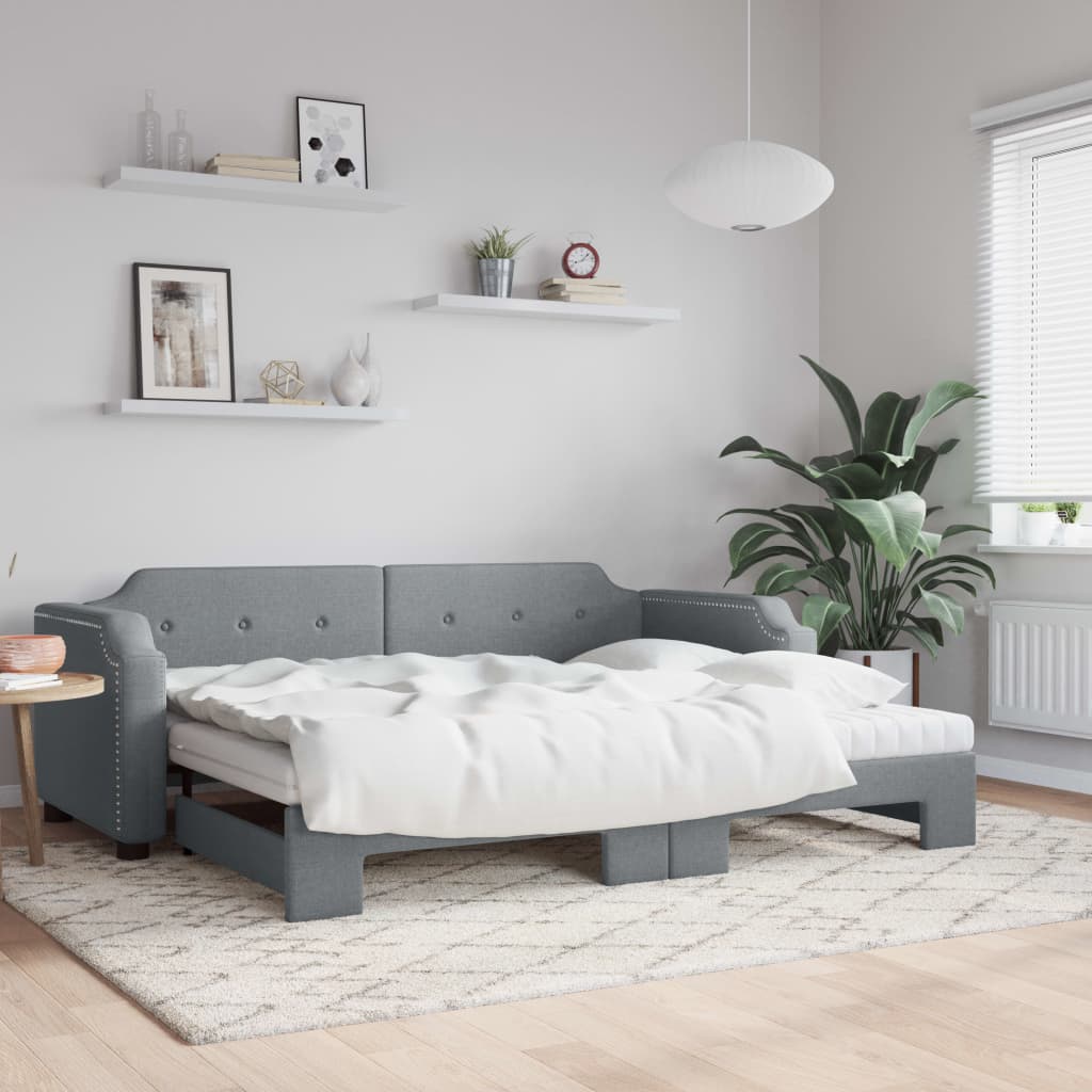 vidaXL Daybed with Trundle and Mattresses Light Grey 90x190 cm Fabric