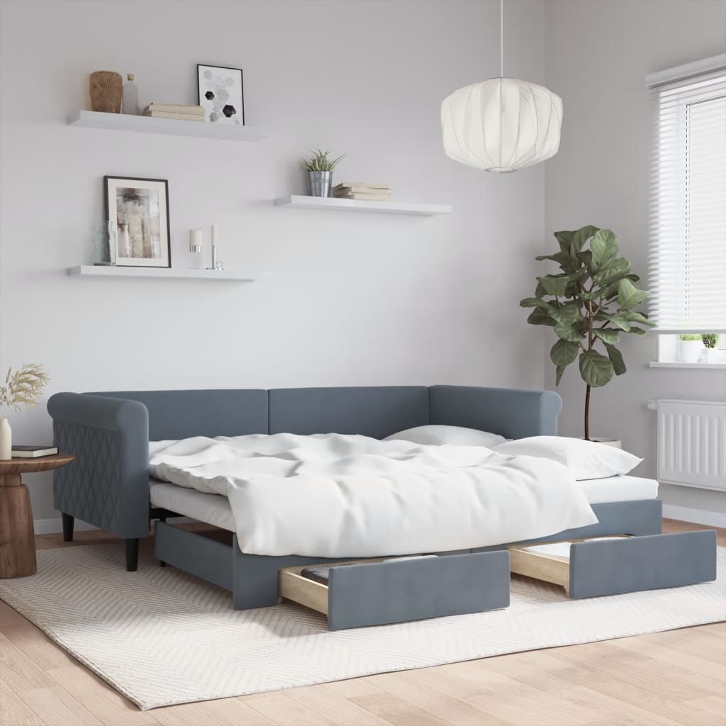 vidaXL Daybed with Trundle and Drawers Dark Grey 90x190 cm Velvet