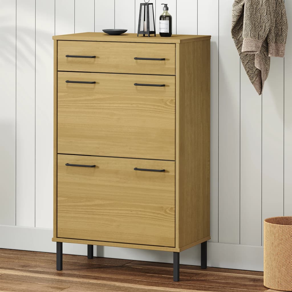vidaXL Shoe Rack with Metal Legs Brown Solid Wood Pine OSLO