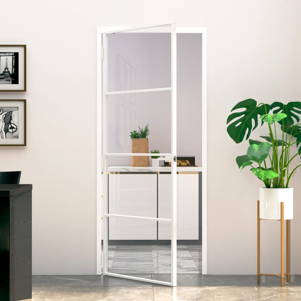 vidaXL Interior Door White 83x201.5 cm Tempered Glass&Aluminium Slim