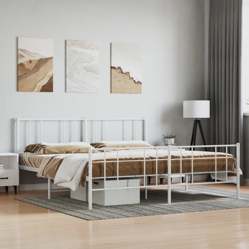 vidaXL Metal Bed Frame with Headboard and Footboard White 193x203 cm