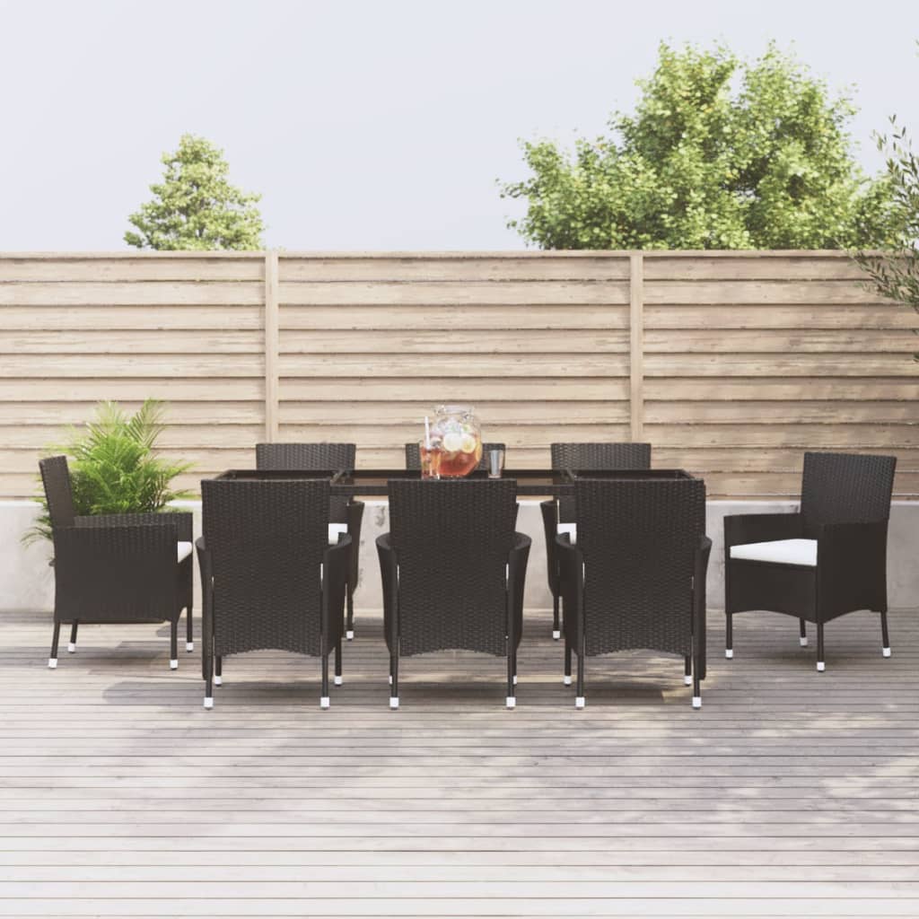 vidaXL 9 Piece Garden Dining Set with Cushions Black Poly Rattan