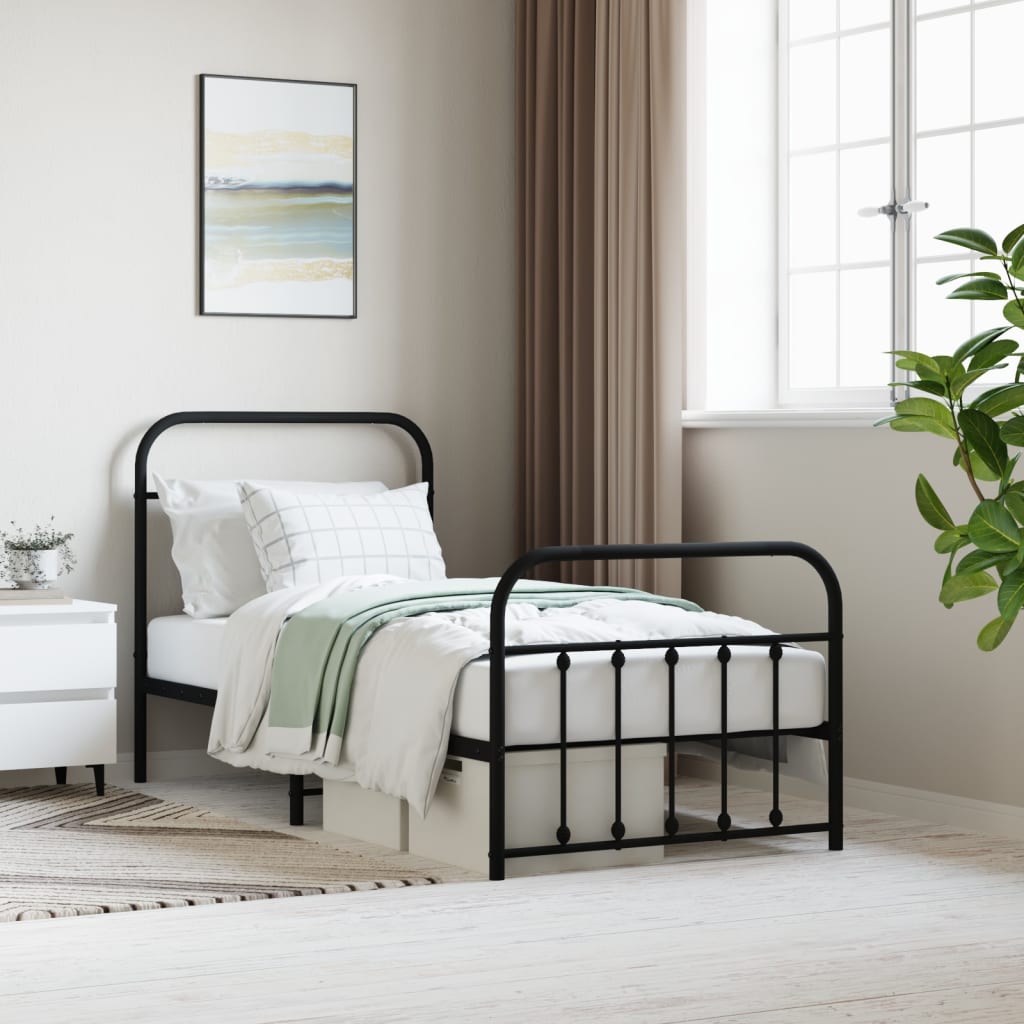 vidaXL Metal Bed Frame with Headboard and Footboard Black 90x190 cm