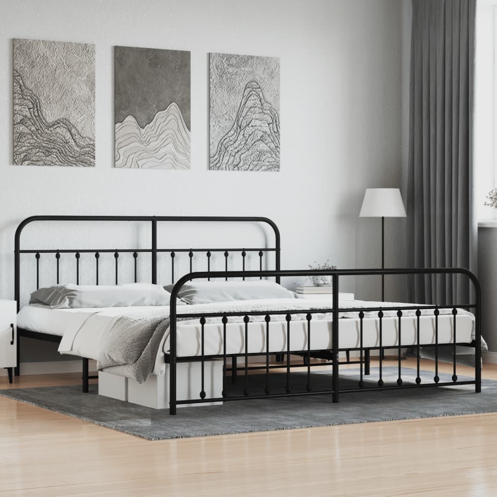 vidaXL Metal Bed Frame with Headboard and Footboard Black 200x200 cm
