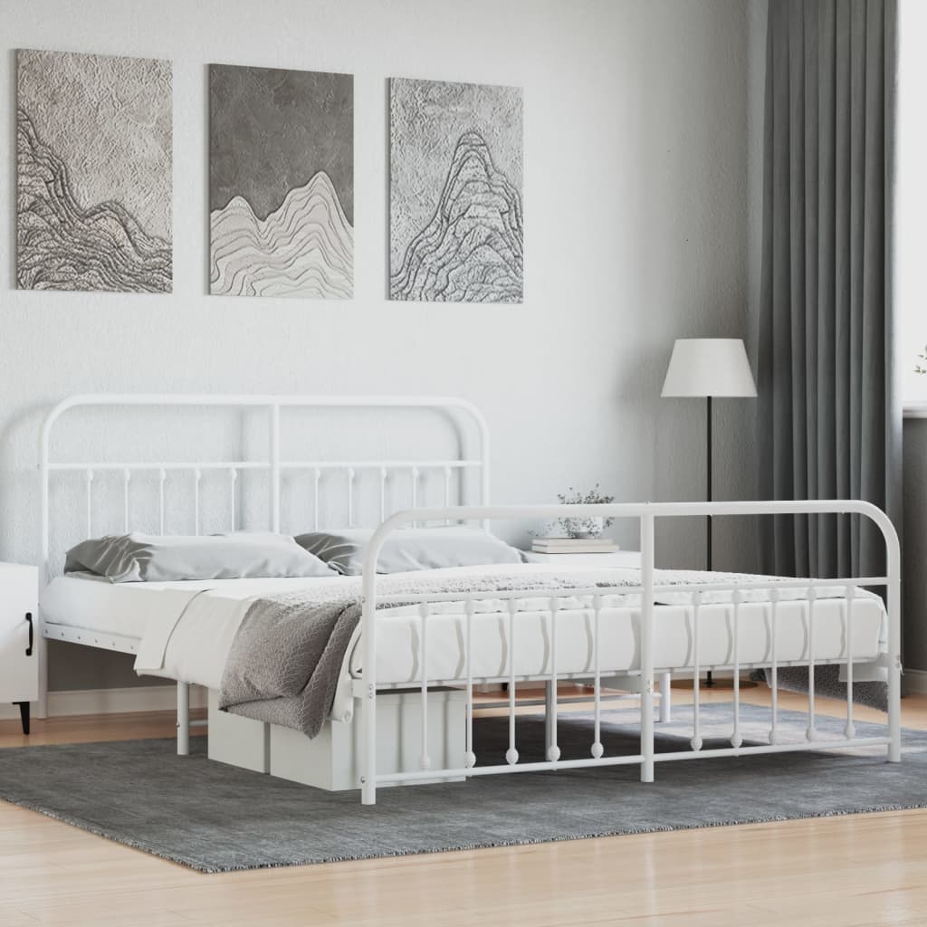 vidaXL Metal Bed Frame with Headboard and Footboard White 160x200 cm