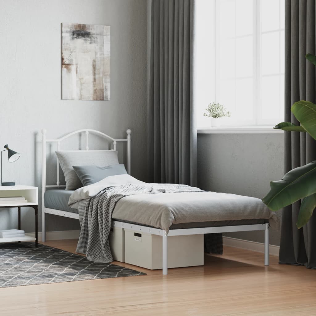 vidaXL Metal Bed Frame with Headboard White 90x190 cm
