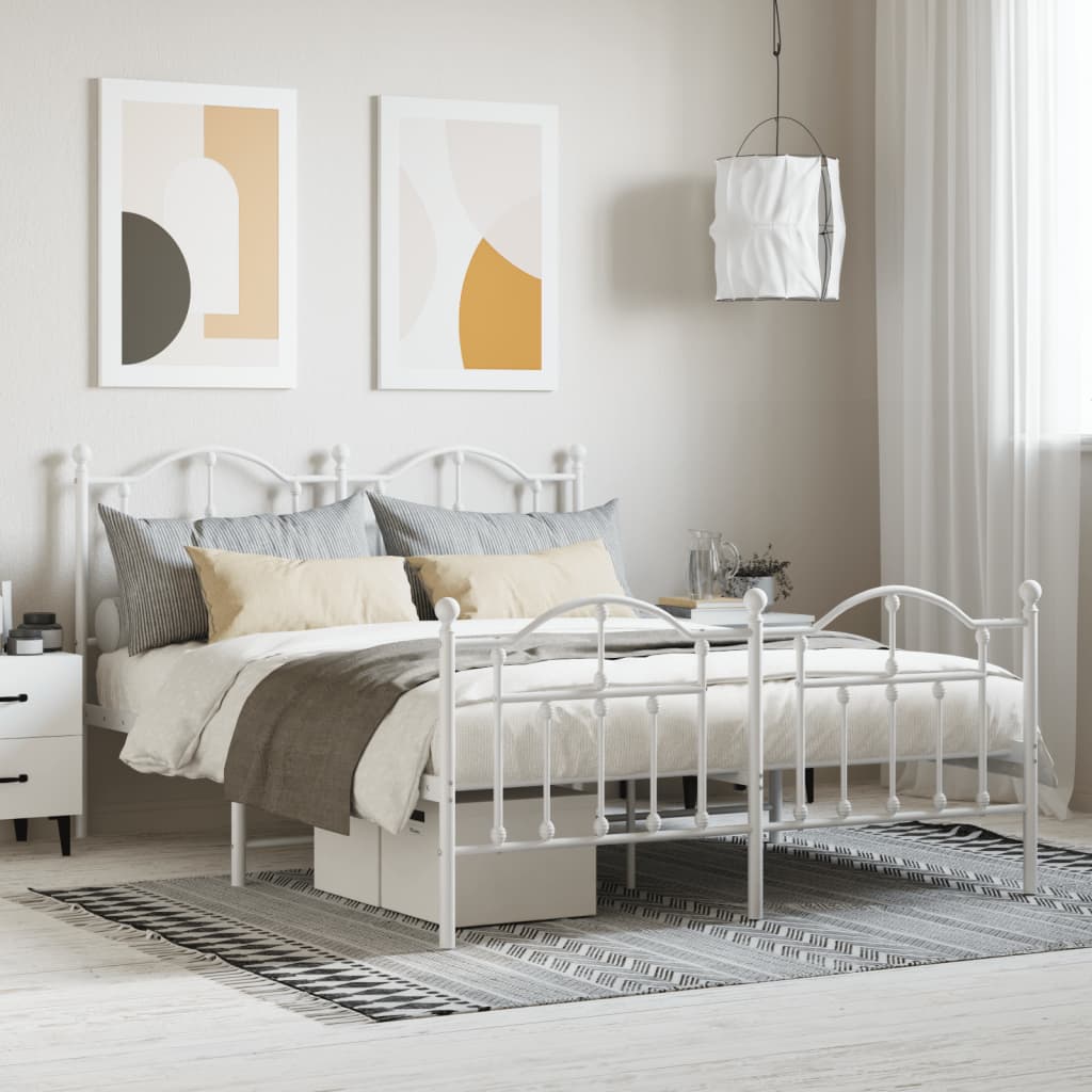 vidaXL Metal Bed Frame with Headboard and Footboard White 135x190 cm