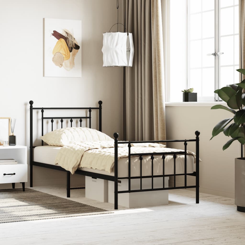 vidaXL Metal Bed Frame with Headboard and Footboard Black 90x190 cm