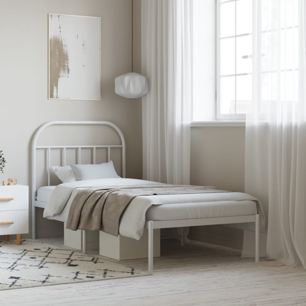 vidaXL Metal Bed Frame with Headboard White 90x190 cm