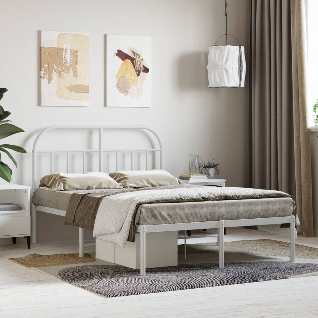 vidaXL Metal Bed Frame with Headboard White 135x190 cm