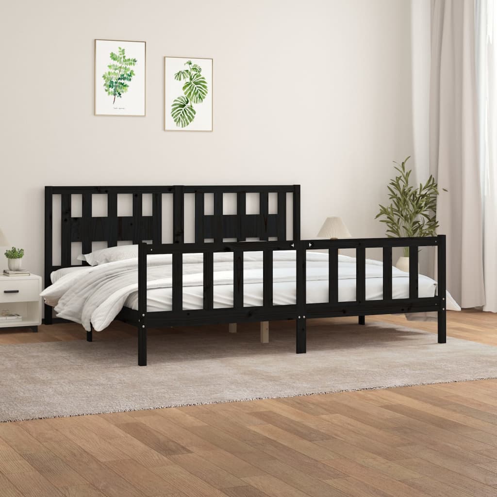 vidaXL Bed Frame with Headboard Black Solid Wood Pine 180x200 cm Super King Size