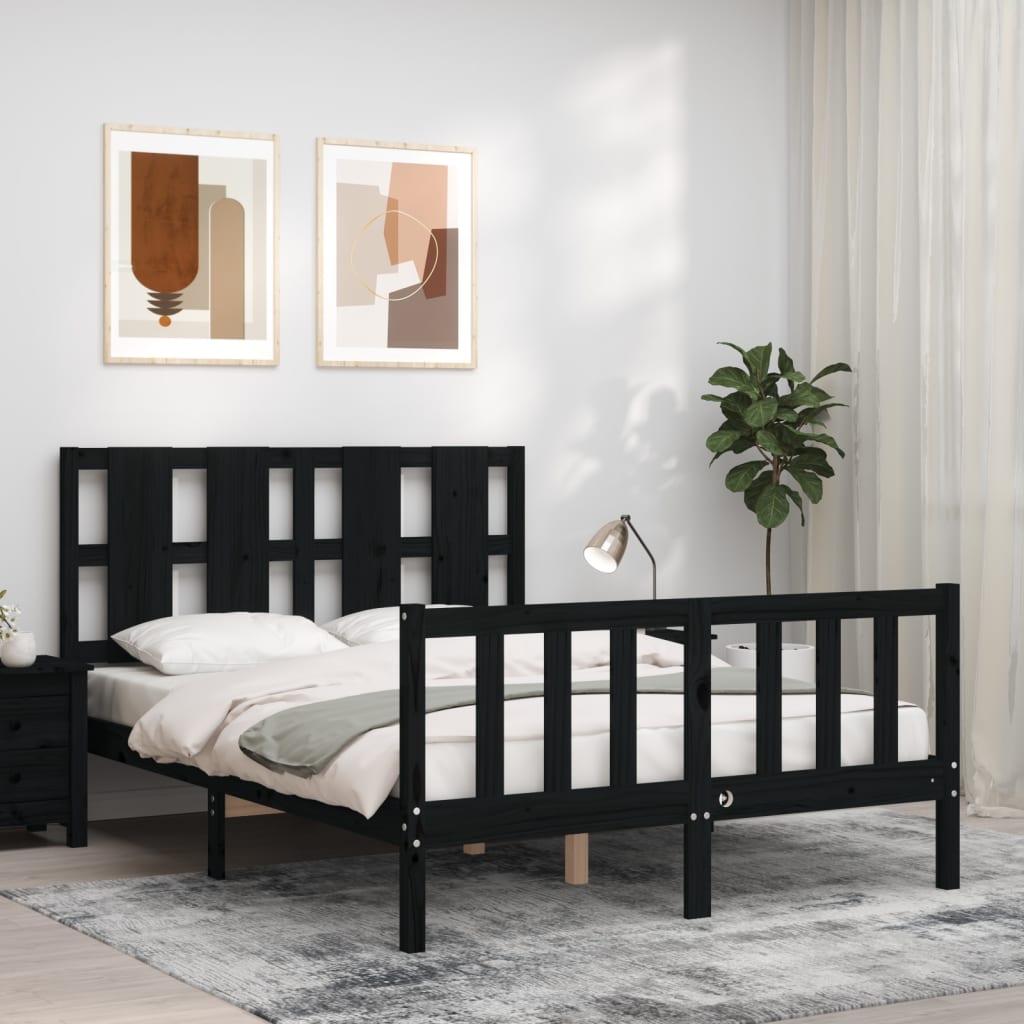 vidaXL Bed Frame with Headboard Black Small Double Solid Wood