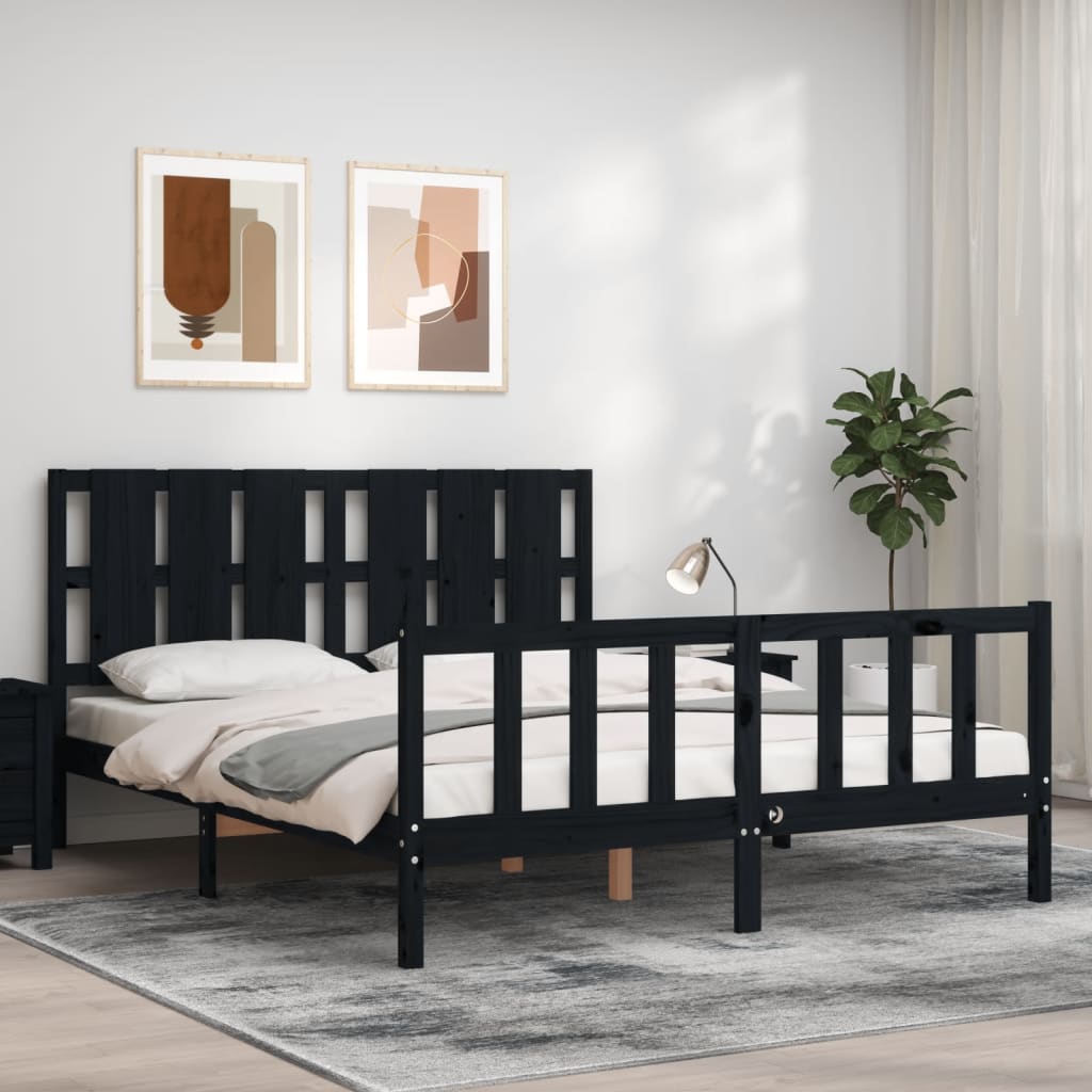 vidaXL Bed Frame with Headboard Black King Size Solid Wood