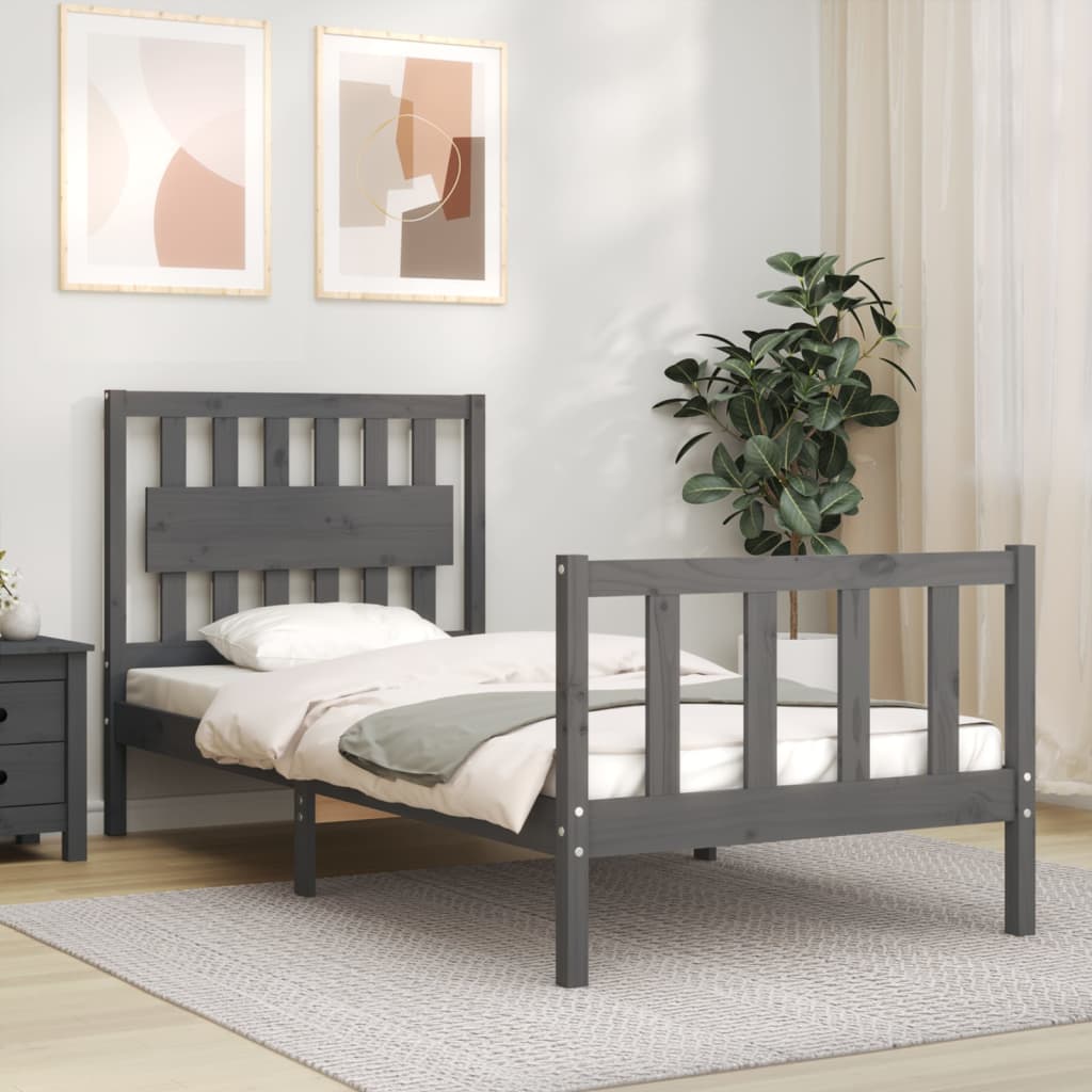 vidaXL Bed Frame with Headboard Grey Single Solid Wood