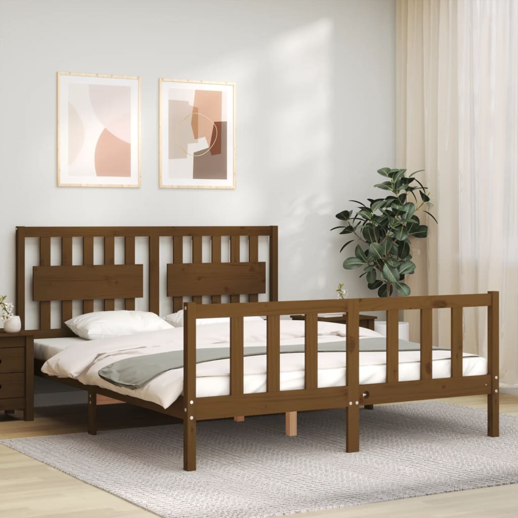 vidaXL Bed Frame with Headboard Honey Brown King Size Solid Wood