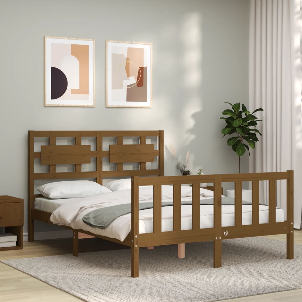 vidaXL Bed Frame with Headboard Honey Brown Small Double Solid Wood