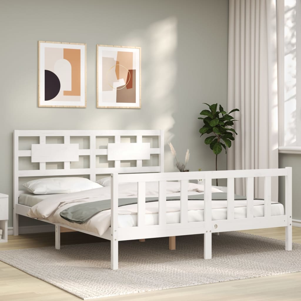 vidaXL Bed Frame with Headboard White King Size Solid Wood