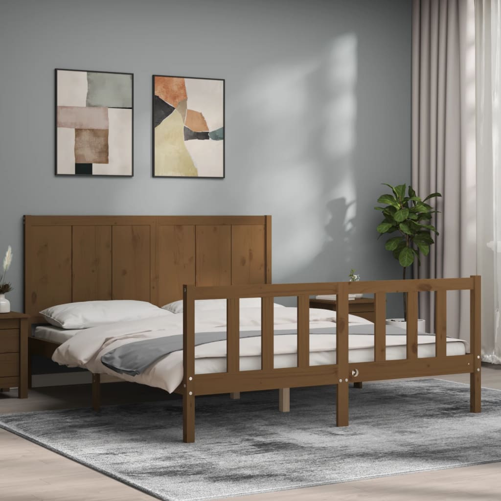 vidaXL Bed Frame with Headboard Honey Brown King Size Solid Wood