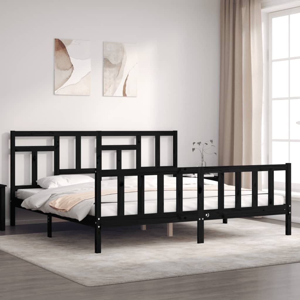 vidaXL Bed Frame with Headboard Black Super King Size Solid Wood