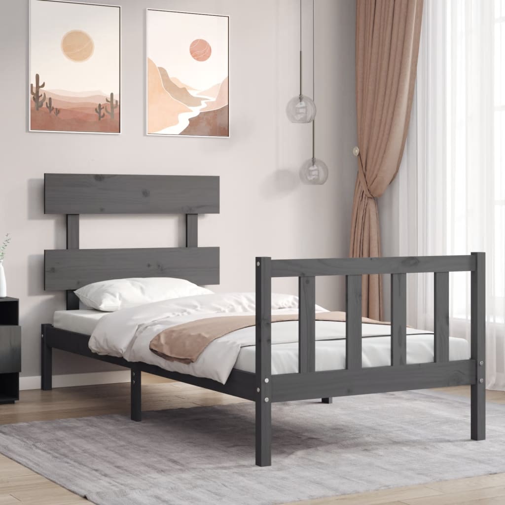 vidaXL Bed Frame with Headboard Grey Small Single Solid Wood
