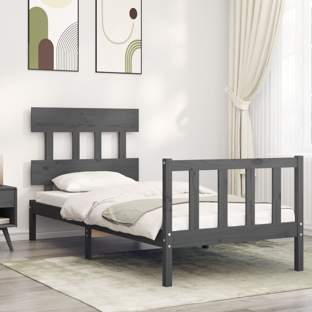 vidaXL Bed Frame with Headboard Grey 90x200 cm Solid Wood