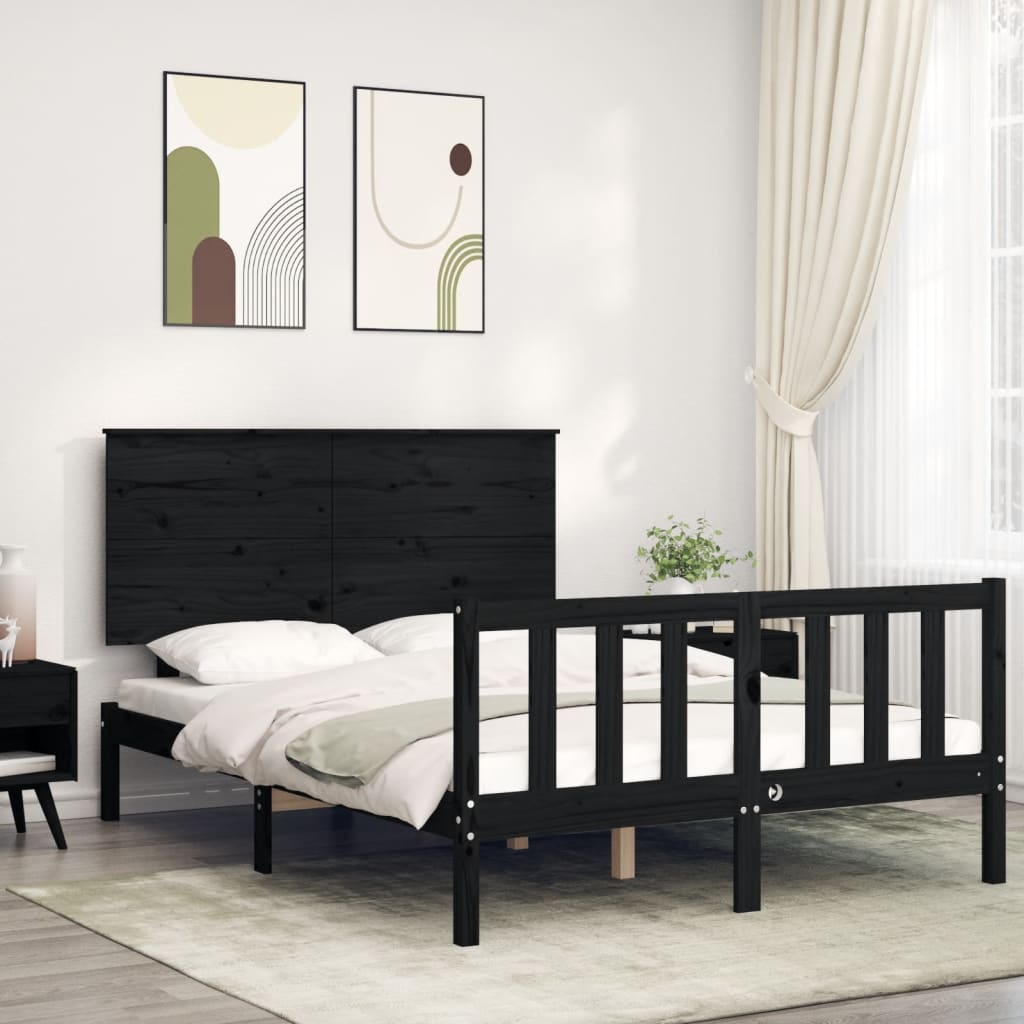 vidaXL Bed Frame with Headboard Black Double Solid Wood