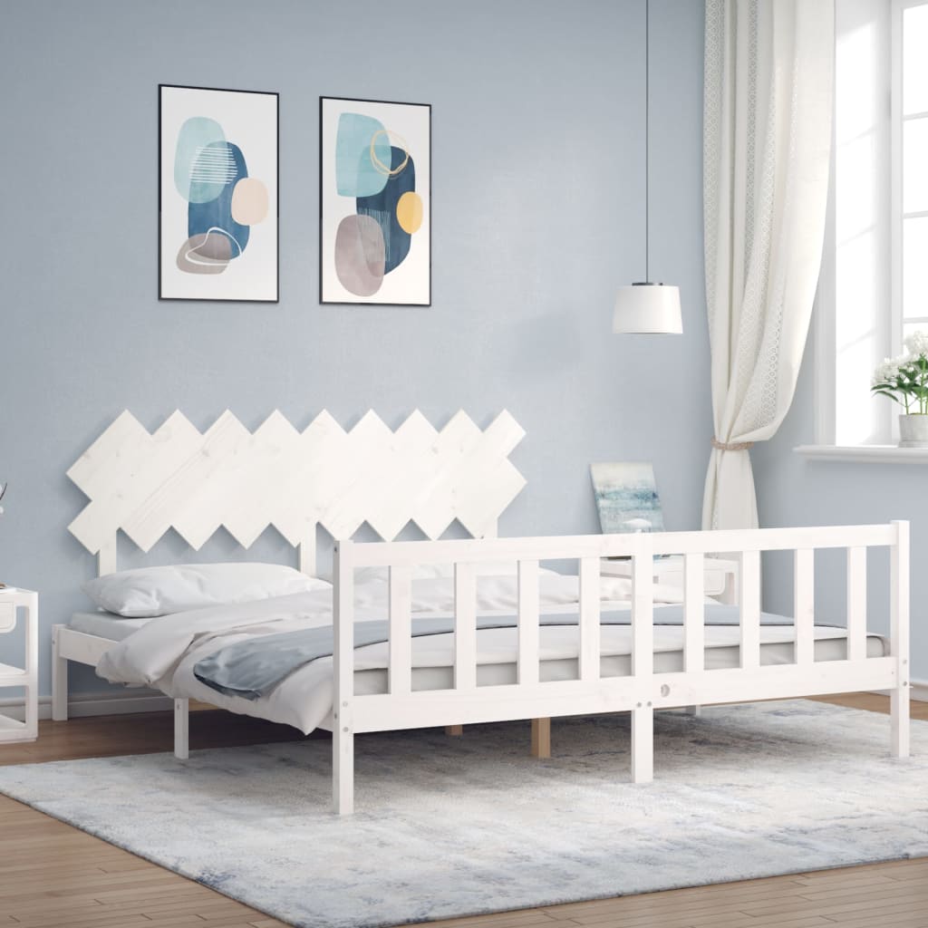 vidaXL Bed Frame with Headboard White Super King Size Solid Wood